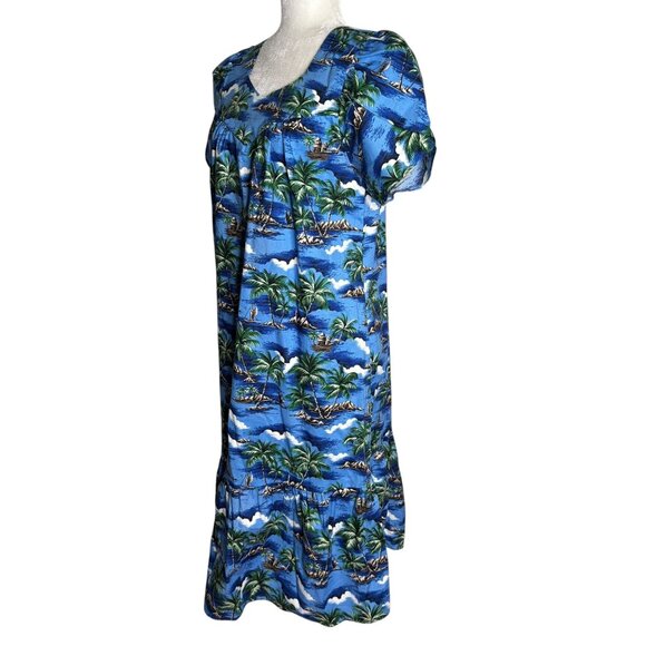 CT Hawaii Fashions Hawaiian Tropical Maxi Dress Size M Blue Short Sleeve Cotton - Picture 3 of 6